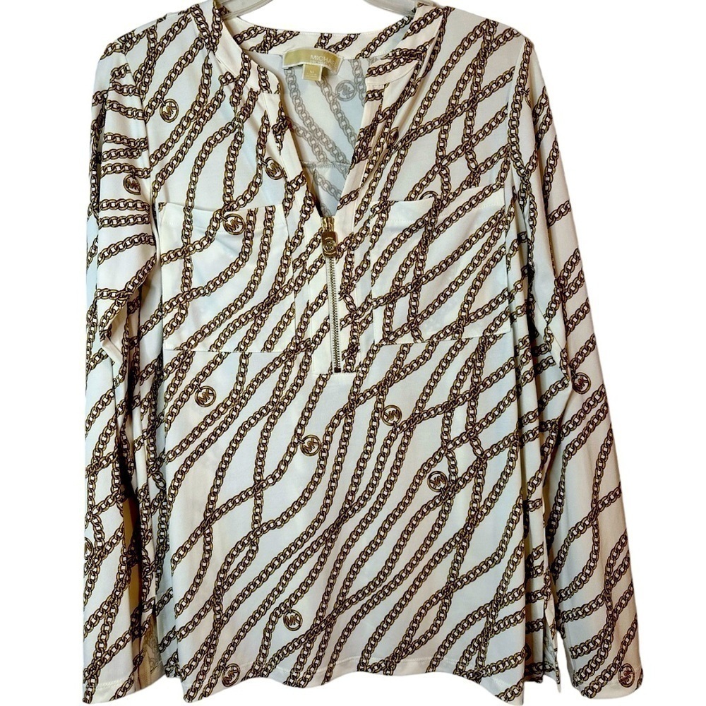 Michael Kors Pull over gold chain print / zipper logo long sleeve blouse V neck